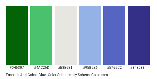 Emerald and Cobalt Blue - Color scheme palette thumbnail - #046307 #4AC26D #E8E6E1 #95B2E6 #5765C2 #343088 