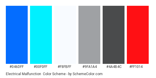 Electrical Malfunction - Color scheme palette thumbnail - #046dff #00f0ff #f8fbff #9fa1a4 #4a4b4c #ff1014 