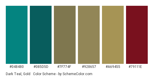 Dark Teal, Gold & Maroon - Color scheme palette thumbnail - #048480 #085d5d #7f774f #928657 #a69455 #79111e 