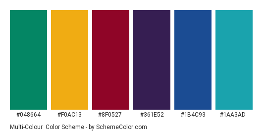Multi-Colour - Color scheme palette thumbnail - #048664 #f0ac13 #8f0527 #361e52 #1b4c93 #1aa3ad 