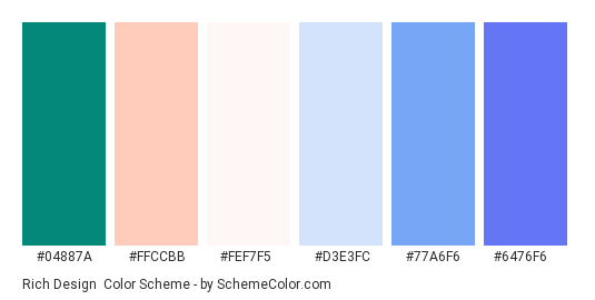 Rich Design - Color scheme palette thumbnail - #04887A #FFCCBB #FEF7F5 #D3E3FC #77A6F6 #6476F6 