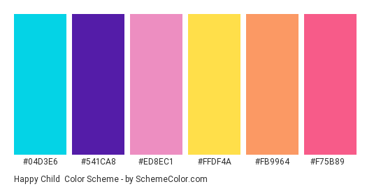 Happy Child - Color scheme palette thumbnail - #04d3e6 #541ca8 #ed8ec1 #ffdf4a #fb9964 #f75b89 