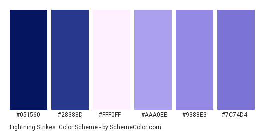 Lightning Strikes - Color scheme palette thumbnail - #051560 #28388d #fff0ff #aaa0ee #9388e3 #7c74d4 