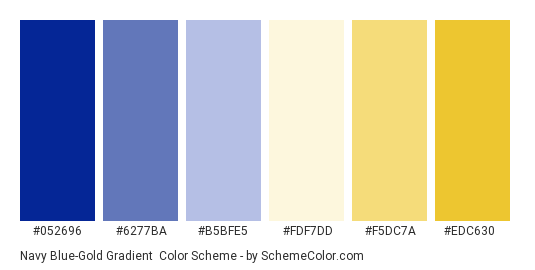 Navy Blue-Gold Gradient - Color scheme palette thumbnail - #052696 #6277ba #b5bfe5 #fdf7dd #f5dc7a #edc630 