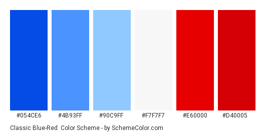 Classic Blue-Red - Color scheme palette thumbnail - #054CE6 #4B93FF #90C9FF #f7f7f7 #e60000 #d40005 