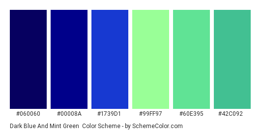 Dark Blue and Mint Green - Color scheme palette thumbnail - #060060 #00008a #1739d1 #99ff97 #60e395 #42c092 