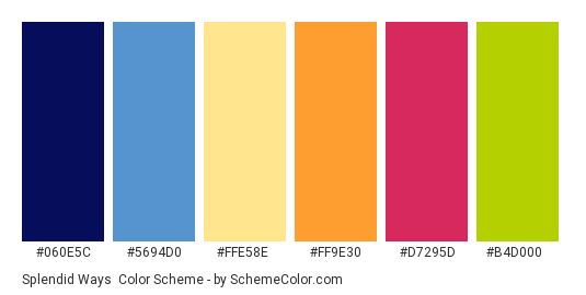 Splendid Ways - Color scheme palette thumbnail - #060e5c #5694d0 #ffe58e #ff9e30 #d7295d #b4d000 
