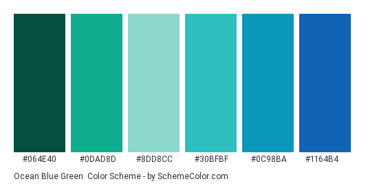 Ocean Blue Green - Color scheme palette thumbnail - #064e40 #0dad8d #8dd8cc #30bfbf #0c98ba #1164b4 