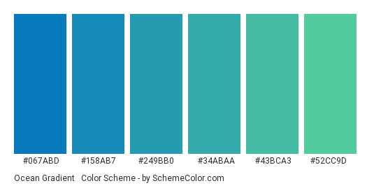 Ocean Gradient #2 - Color scheme palette thumbnail - #067ABD #158AB7 #249BB0 #34ABAA #43BCA3 #52CC9D 