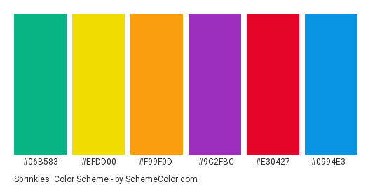 Sprinkles - Color scheme palette thumbnail - #06b583 #efdd00 #f99f0d #9c2fbc #e30427 #0994e3 