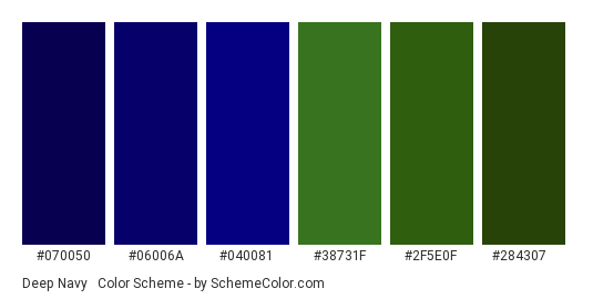 Deep Navy & Green - Color scheme palette thumbnail - #070050 #06006a #040081 #38731f #2f5e0f #284307 