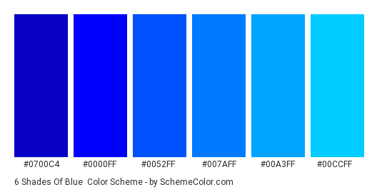 6 Shades of Blue - Color scheme palette thumbnail - #0700C4 #0000FF #0052FF #007AFF #00A3FF #00CCFF 
