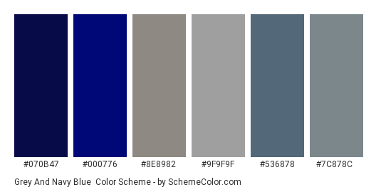 Grey and Navy Blue - Color scheme palette thumbnail - #070b47 #000776 #8e8982 #9f9f9f #536878 #7c878c 