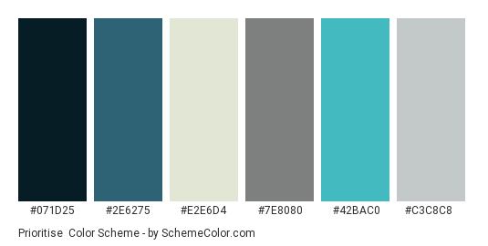 Prioritise - Color scheme palette thumbnail - #071d25 #2e6275 #e2e6d4 #7e8080 #42bac0 #c3c8c8 