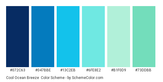 Cool Ocean Breeze - Color scheme palette thumbnail - #072C63 #047BBE #13C2EB #6FE8E2 #B1F0D9 #73DDBB 