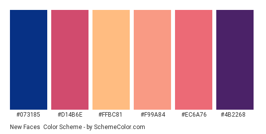 New Faces - Color scheme palette thumbnail - #073185 #D14B6E #FFBC81 #F99A84 #EC6A76 #4B2268 