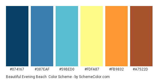 Beautiful Evening Beach - Color scheme palette thumbnail - #074167 #387EAF #59BED0 #FDFA87 #FB9832 #A7522D 