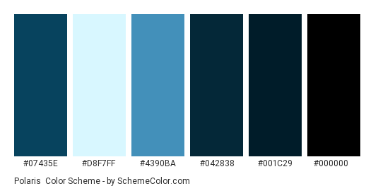Polaris - Color scheme palette thumbnail - #07435E #D8F7FF #4390BA #042838 #001C29 #000000 