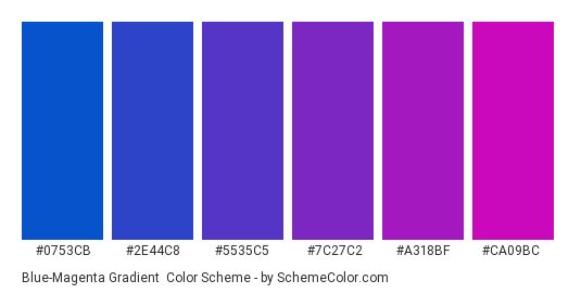 Blue-Magenta Gradient - Color scheme palette thumbnail - #0753cb #2e44c8 #5535c5 #7c27c2 #a318bf #ca09bc 