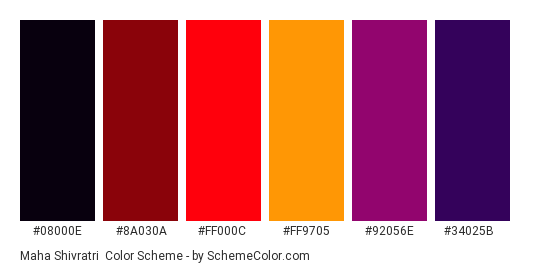 Maha Shivratri - Color scheme palette thumbnail - #08000E #8A030A #FF000C #FF9705 #92056E #34025B 