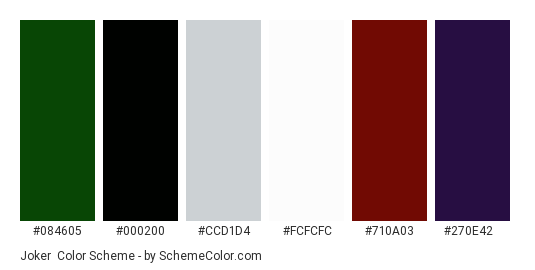 Joker - Color scheme palette thumbnail - #084605 #000200 #CCD1D4 #FCFCFC #710A03 #270E42 