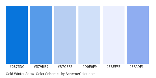 Cold Winter Snow - Color scheme palette thumbnail - #0875DC #579BE9 #B7CEF2 #D0E0F9 #EBEFFE #8FADF1 