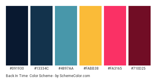 Back in Time - Color scheme palette thumbnail - #091930 #13334C #4897AA #FABB38 #FA3165 #710D25 