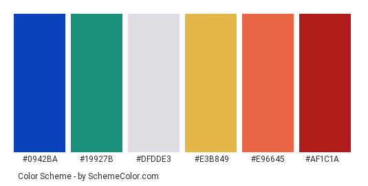 Colors at Kyoto Temple (Japan) - Color scheme palette thumbnail - #0942ba #19927b #dfdde3 #e3b849 #e96645 #af1c1a 