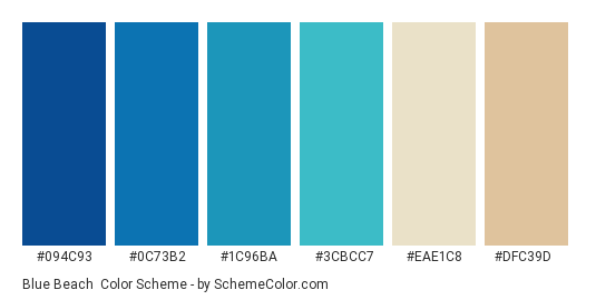 Blue Beach - Color scheme palette thumbnail - #094c93 #0c73b2 #1c96ba #3cbcc7 #eae1c8 #dfc39d 