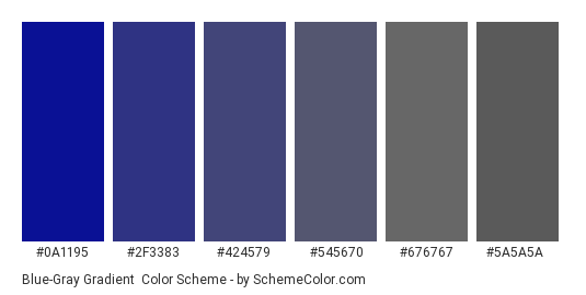 Blue-Gray Gradient - Color scheme palette thumbnail - #0A1195 #2F3383 #424579 #545670 #676767 #5A5A5A 