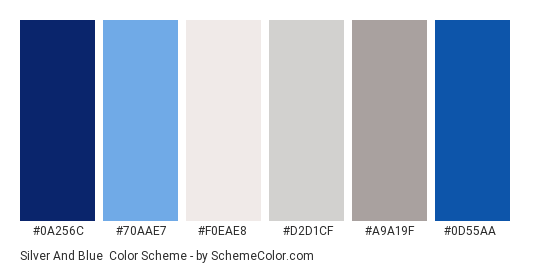 Silver and Blue - Color scheme palette thumbnail - #0A256C #70AAE7 #F0EAE8 #D2D1CF #A9A19F #0D55AA 