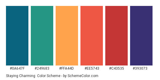 Staying Charming - Color scheme palette thumbnail - #0A647F #249683 #FFA44D #EE5743 #C43535 #393073 