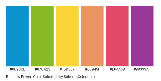 Rainbow Power - Color scheme palette thumbnail - #0C93CD #87BA23 #FBD537 #EB945F #E04A68 #98399A 