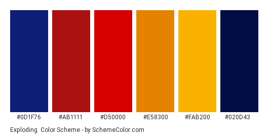 Exploding - Color scheme palette thumbnail - #0D1F76 #AB1111 #D50000 #E58300 #FAB200 #020D43 