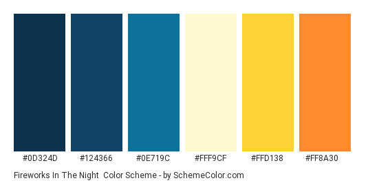 Fireworks in the Night - Color scheme palette thumbnail - #0D324D #124366 #0E719C #FFF9CF #FFD138 #FF8A30 