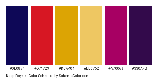 Deep Royals - Color scheme palette thumbnail - #0E0857 #D71723 #DCA404 #EEC762 #A70063 #330A4B 