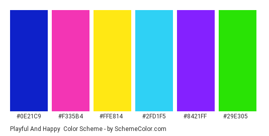 Playful and Happy - Color scheme palette thumbnail - #0E21C9 #F335B4 #FFE814 #2FD1F5 #8421FF #29E305 