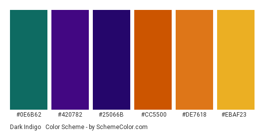 Dark Indigo & Orange - Color scheme palette thumbnail - #0E6B62 #420782 #25066B #CC5500 #DE7618 #EBAF23 