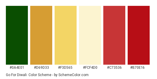 Go for Diwali - Color scheme palette thumbnail - #0a4e01 #d69d33 #f3d565 #fcf4d0 #c73536 #b70e16 