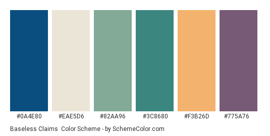 Baseless Claims - Color scheme palette thumbnail - #0a4e80 #eae5d6 #82aa96 #3c8680 #f3b26d #775a76 