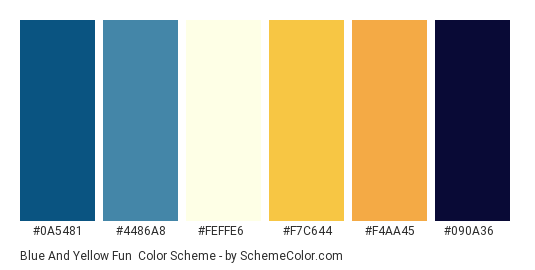 Blue and Yellow Fun - Color scheme palette thumbnail - #0a5481 #4486a8 #FEFFE6 #f7c644 #f4aa45 #090a36 