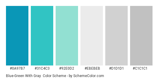 Blue-Green with Gray - Color scheme palette thumbnail - #0a97b7 #31c4c3 #92e0d2 #ebebeb #d1d1d1 #c1c1c1 