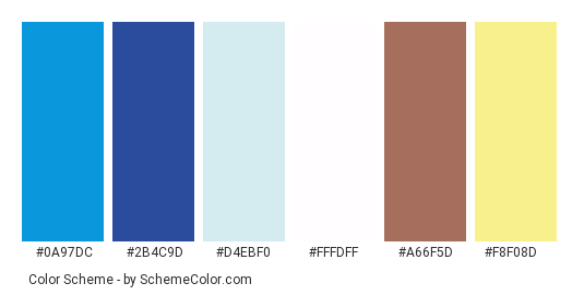 Gala Hotel - Color scheme palette thumbnail - #0a97dc #2b4c9d #d4ebf0 #fffdff #a66f5d #f8f08d 