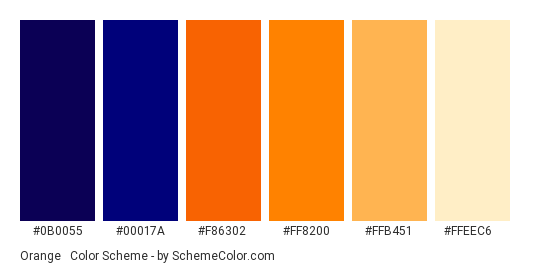Orange & Deep Navy - Color scheme palette thumbnail - #0b0055 #00017a #f86302 #ff8200 #ffb451 #ffeec6 