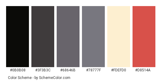 It Figures - Color scheme palette thumbnail - #0b0b08 #3f3b3c #68646b #78777f #fdefd0 #d8514a 