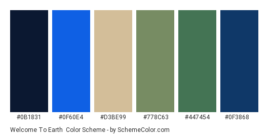 Welcome to Earth - Color scheme palette thumbnail - #0b1831 #0f60e4 #d3be99 #778c63 #447454 #0f3868 