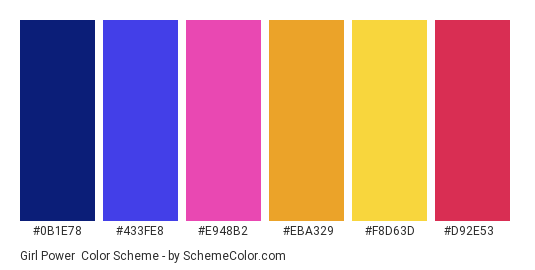 Girl Power - Color scheme palette thumbnail - #0b1e78 #433fe8 #e948b2 #eba329 #f8d63d #d92e53 