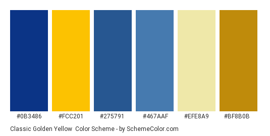 Classic Golden Yellow - Color scheme palette thumbnail - #0b3486 #fcc201 #275791 #467aaf #efe8a9 #bf8b0b 