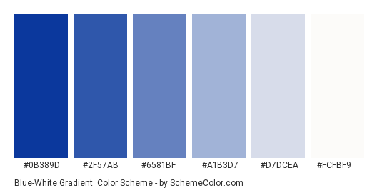 Blue-White Gradient - Color scheme palette thumbnail - #0b389d #2f57ab #6581bf #a1b3d7 #d7dcea #fcfbf9 