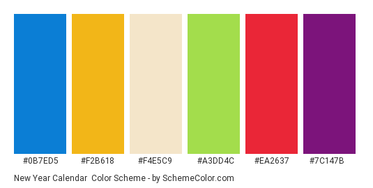 New Year Calendar - Color scheme palette thumbnail - #0b7ed5 #f2b618 #f4e5c9 #a3dd4c #ea2637 #7c147b 